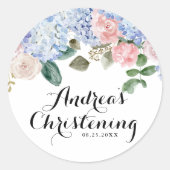 Blaue Hydrangeas und rosa Roses Christening Runder Aufkleber (Vorderseite)