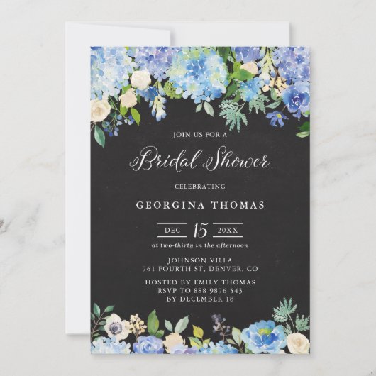 Blaue Hydrangeas und Rose Brautparty aus Halbpensi Einladung (Vorderseite)