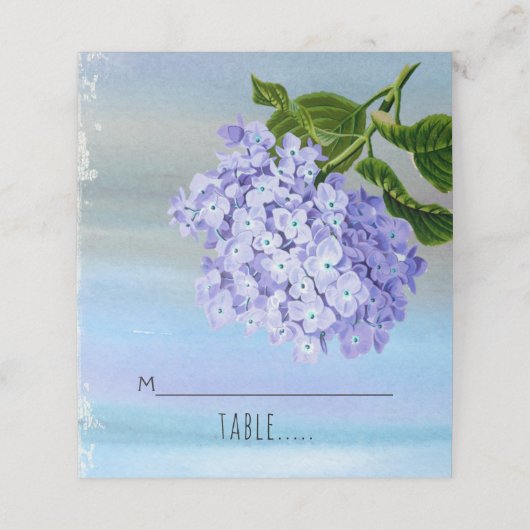 Blaue Hydrangeas Wasserfarbe Hochzeitskorb Platzkarte (Außenseite Aufgefaltet)