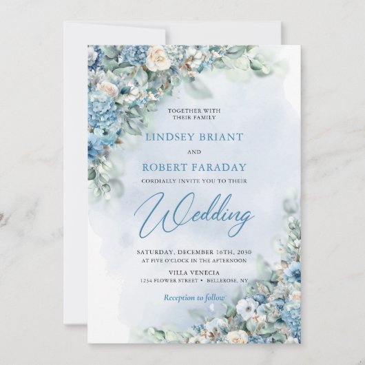 Blaue Hydrangee und creme Rose Eukalyptus Einladung (Vorderseite)