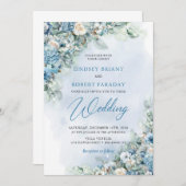 Blaue Hydrangee und creme Rose Eukalyptus Einladung (Vorne/Hinten)