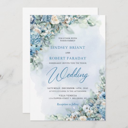 Blaue Hydrangee und creme Rose Eukalyptus Einladung (Vorne/Hinten)