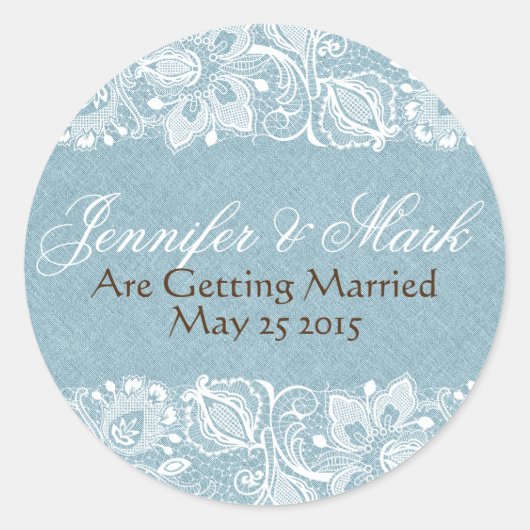 Blaue Imitate Leinen Burlap & White Floral Lace Runder Aufkleber (Vorderseite)