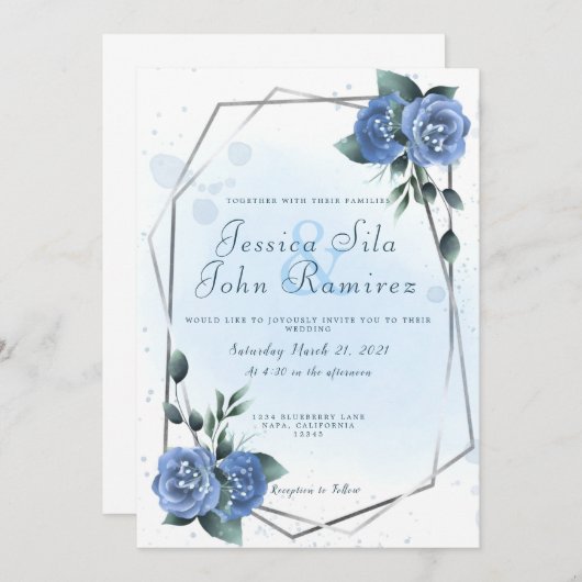 Blaue Imitate mit Blumenmotiven Einladung (Vorne/Hinten)