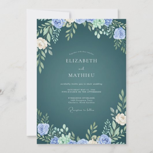 Blaue Immergrün-Blatt-Hochzeit Einladung (Vorderseite)
