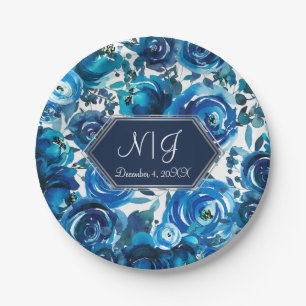 Blaue Indigo Blumen Elegante Chic Hochzeit Pappteller