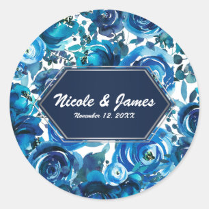 Blaue Indigo Blumen Elegante Chic Hochzeit Runder Aufkleber