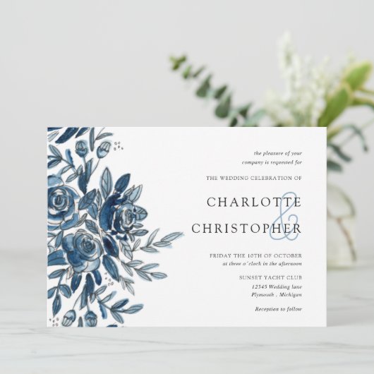 Blaue indigofarbene Blume Einladung (Stehend Vorderseite)