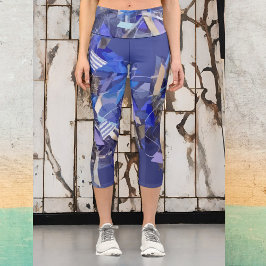 Blaue Indigostreifen, grau, abstrakte geometrische Capri Leggings