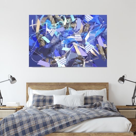 Blaue Indigostreifen, grau, abstrakte geometrische Leinwanddruck (Insitu (Schlafzimmer))