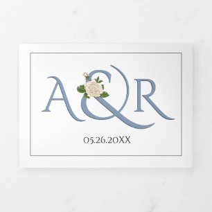 Blaue Initialen und Ampersand, Hochzeit von Rose Dreifach Gefaltete Einladung