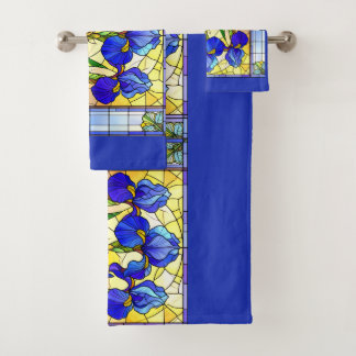 Blaue Iris-Blumen-Buntglas-Handtuch-Set Badhandtuch Set