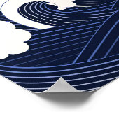 Blaue japanische Waves mit Zeichnend Red Moon Poster (Ecke)