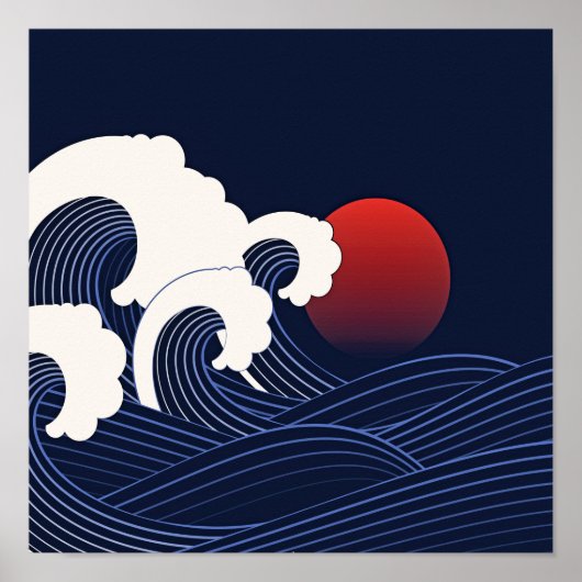 Blaue japanische Waves mit Zeichnend Red Moon Poster (Vorne)