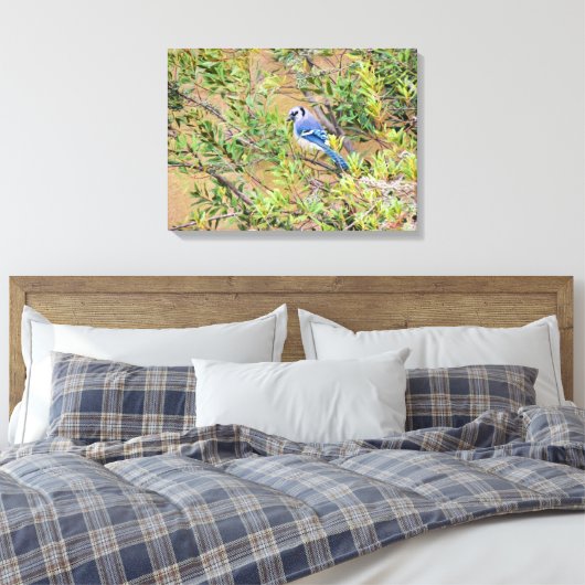 Blaue Jay auf Myrtle aus Südwax Leinwanddruck (Insitu (Schlafzimmer))