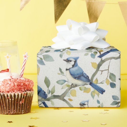 Blaue Jay Bird Branchen und Blüten Geschenkpapier (Geburtstagsparty)