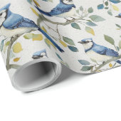 Blaue Jay Bird Branchen und Blüten Geschenkpapier (Rolleneckpunkt)