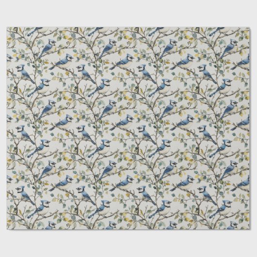 Blaue Jay Bird Branchen und Blüten Geschenkpapier (Flach)