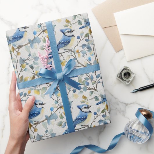 Blaue Jay Bird Branchen und Blüten Geschenkpapier (Schenken)