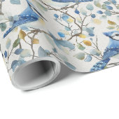 Blaue Jay Bird Branchen und Blüten Geschenkpapier (Rolleneckpunkt)