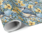 Blaue Jay Bird Branchen und Blüten Geschenkpapier (Rolleneckpunkt)