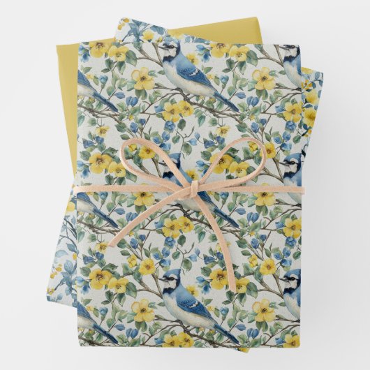 Blaue Jay Bird Branchen und Blüten Geschenkpapier Set (Beispiel)
