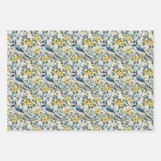 Blaue Jay Bird Branchen und Blüten Geschenkpapier Set (Vorderseite)