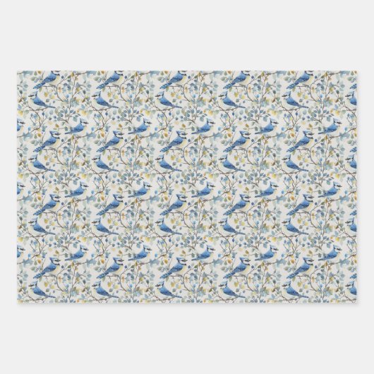 Blaue Jay Bird Branchen und Blüten Geschenkpapier Set (Vorderseite 3)