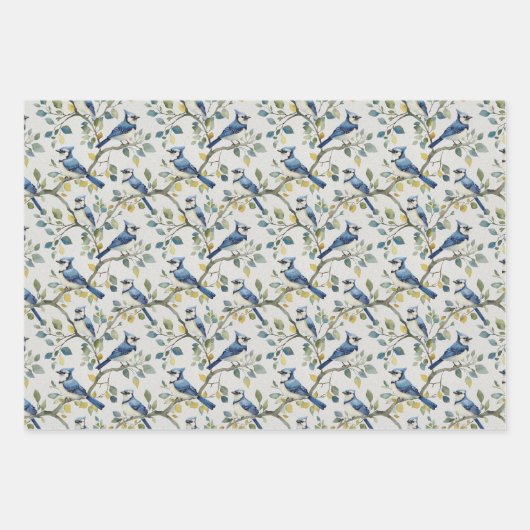 Blaue Jay Bird Branchen und Blüten Geschenkpapier Set (Vorderseite 2)