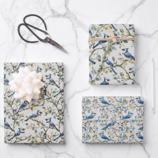 Blaue Jay Bird Branchen und Blüten Geschenkpapier Set (Vorderseite)