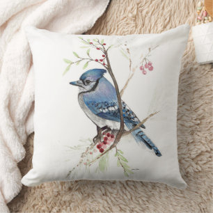 Blaue Jay Bird Wasserfarben Art Throw Kissen