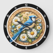 Blaue Jay Daisy Erbe Große Wanduhr (Vorderseite)