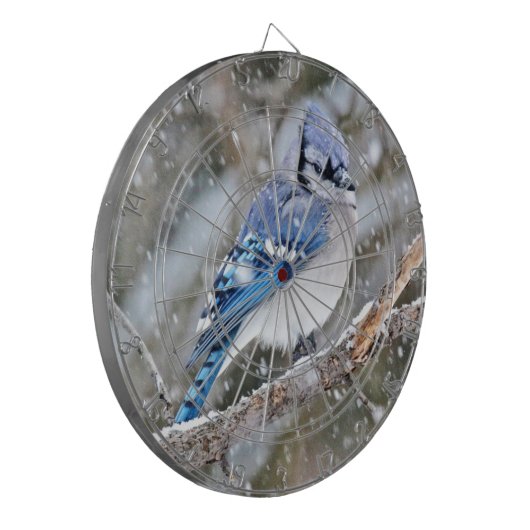 Blaue Jay im Schneesturm Dartscheibe (Vorderseite Links)