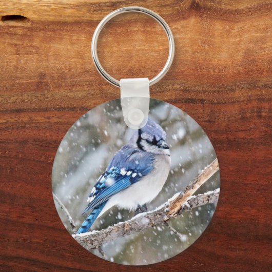 Blaue Jay im Schneesturm Schlüsselanhänger (Vorderseite)