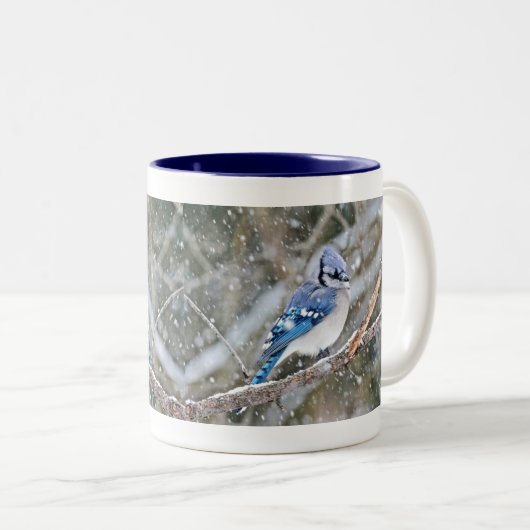 Blaue Jay im Schneesturm Zweifarbige Tasse (VorderseiteRechts)