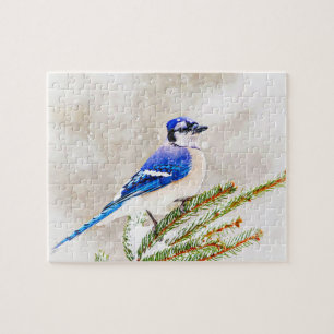 Blaue Jay in einem Kiefernbaum mit Schnee Puzzle