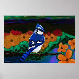 Blaue Jay in orangen Blume drucken Poster