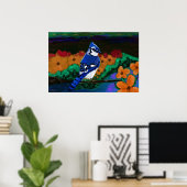 Blaue Jay in orangen Blume drucken Poster (Heimbüro)