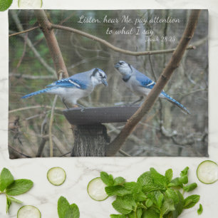 Blaue Jay mit Vers aus Isaiah hören Geschirrtuch