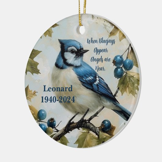 Blaue Jay Personalisierte Gedenkstätte Keramik Ornament (Links)
