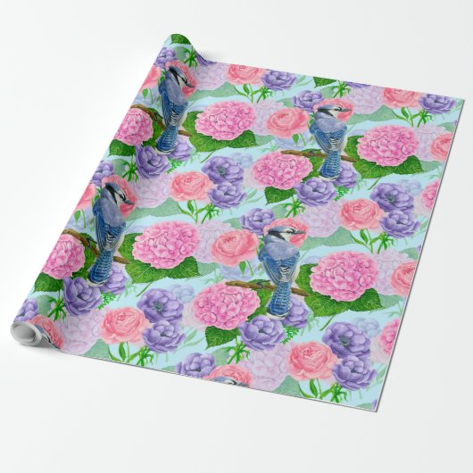 Blaue Jay und Blume, Aquarellmuster, Packung Geschenkpapier (Ungerollt)