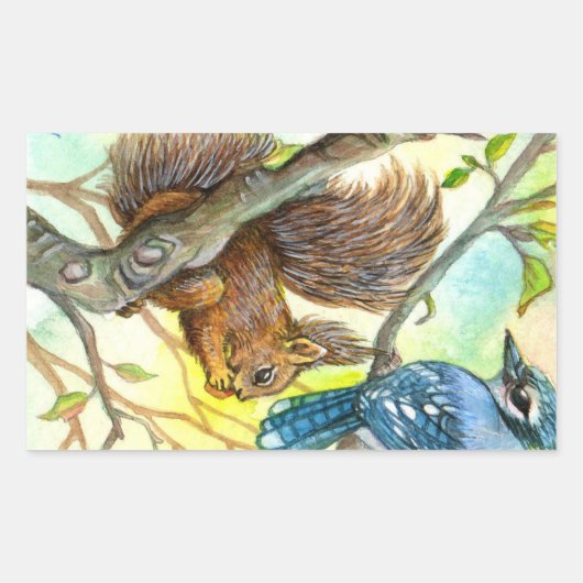 Blaue Jay und Eichhörnchen Rechteckiger Aufkleber (Vorderseite)