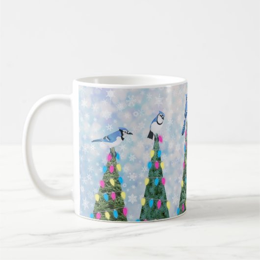 blaue Jay und Weihnachtsbäume Kaffeetasse (Links)