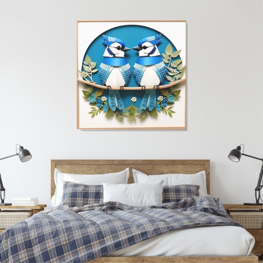 Blaue Jay unter Blumendetails Leinwanddruck (Insitu (Schlafzimmer))