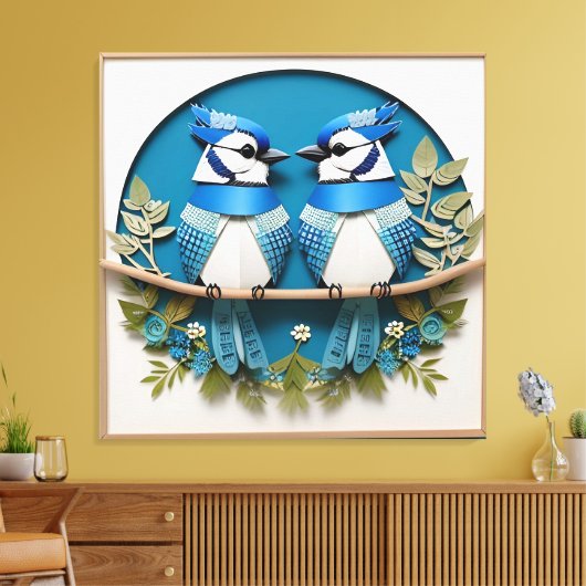 Blaue Jay unter Blumendetails Leinwanddruck (Insitu (Wohnzimmer))