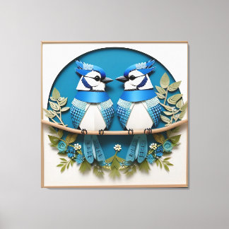 Blaue Jay unter Blumendetails Leinwanddruck