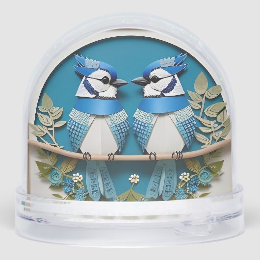 Blaue Jay unter Blumendetails Schneekugeln (Rückseite)