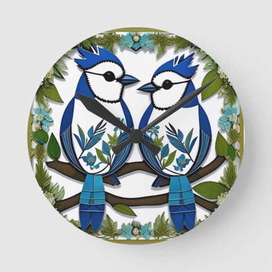 Blaue Jay Vogelpapier Art Runde Wanduhr (Vorderseite)