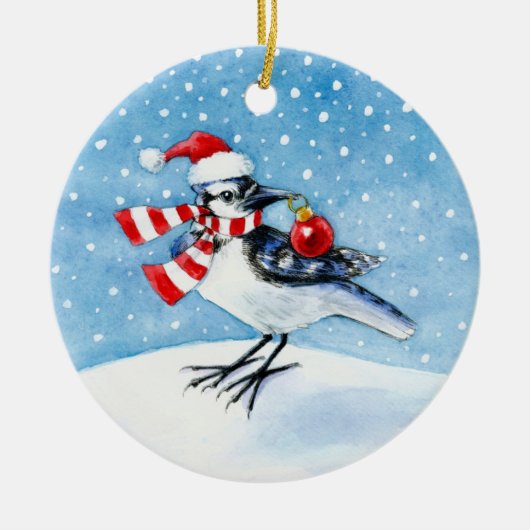 Blaue Jay-Weihnachts- oder Winterverzierung Keramik Ornament (Vorne)