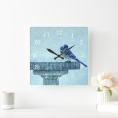 Blaue Jay Winter Fütternd Painterly Wall Clock Quadratische Wanduhr (Zuhause)
